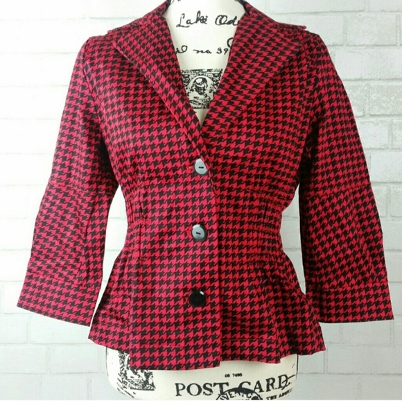 Joan Rivers Jackets & Blazers - Red Black Houndstooth Fitted Peplum Jacket